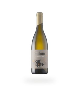 Steklenica vina Chardonnay Puhan na belem ozadju