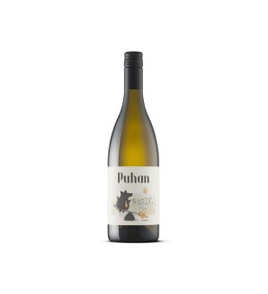 Steklenica vina Rumeni muškat Puhan na belem ozadju