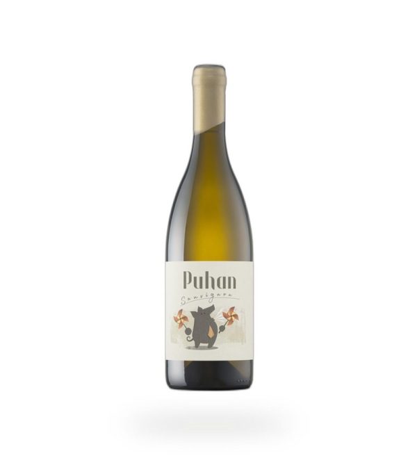 Steklenica vina Sauvignon Puhan na belem ozadju